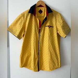 Perruzo Men's Yellow Short Sleeved Shirt with Navy Blue Accent Colors